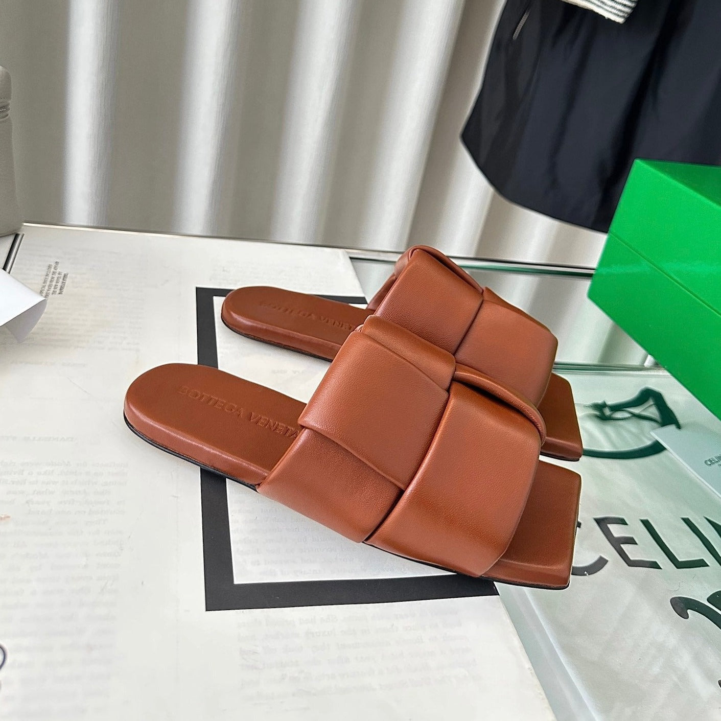 Bottega Veneta patch mule flat brown lambskin