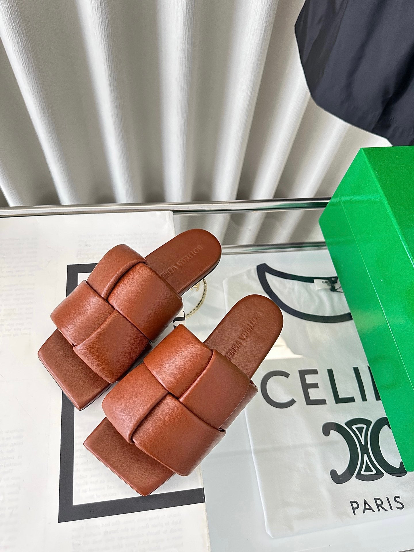 Bottega Veneta patch mule flat brown lambskin