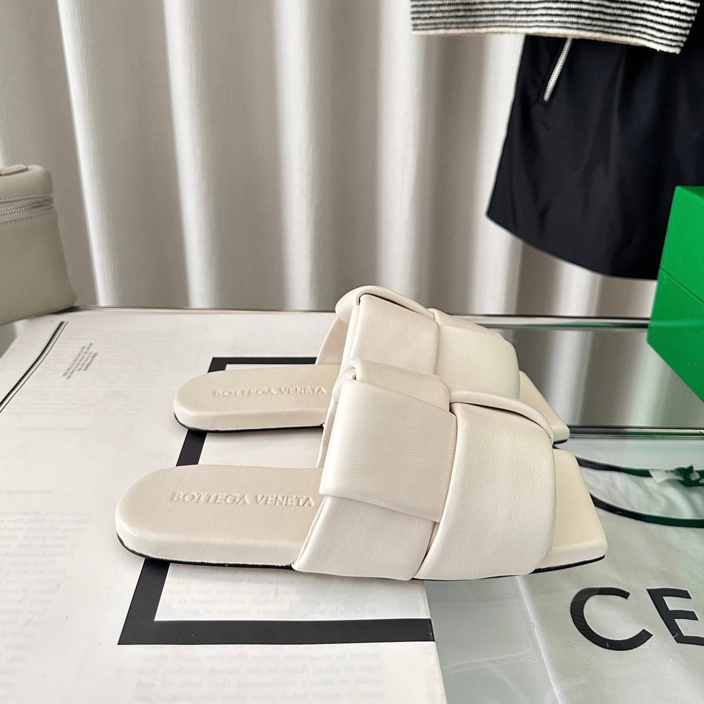 Bottega Veneta patch mule flat white lambskin