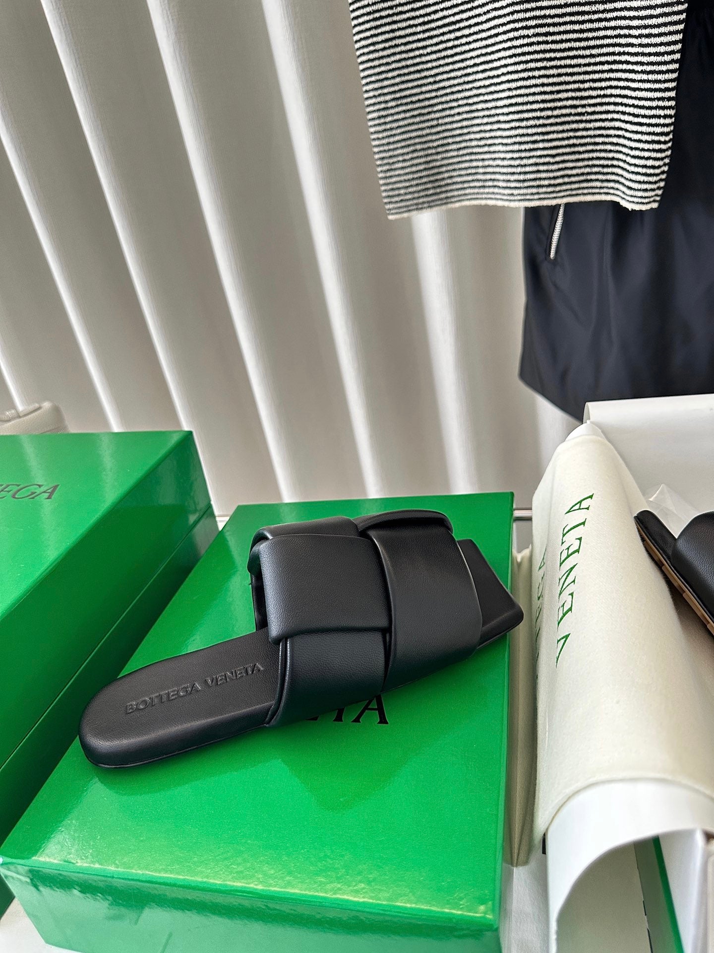 Bottega Veneta patch mule flat black lambskin