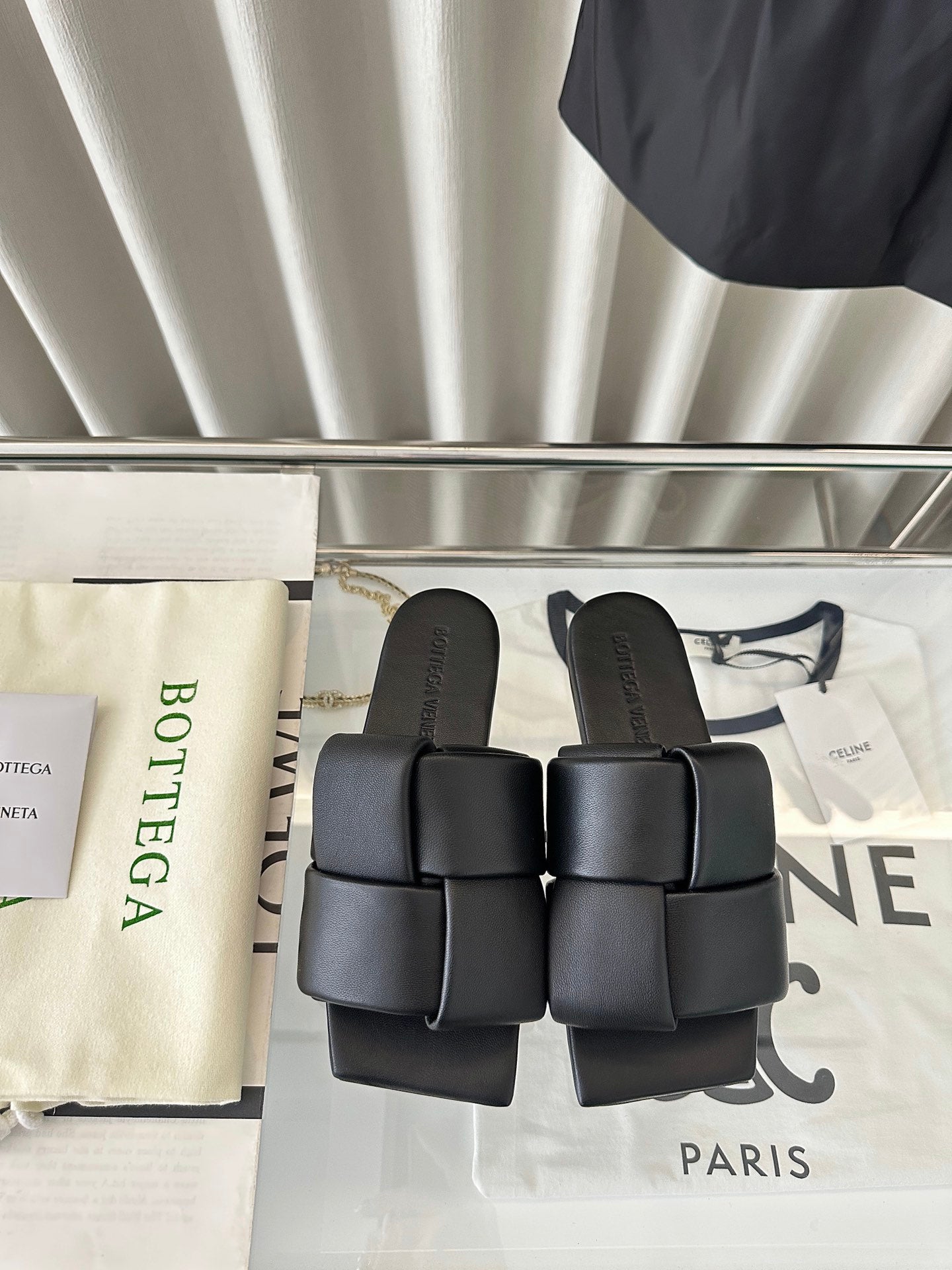 Bottega Veneta patch mule flat black lambskin