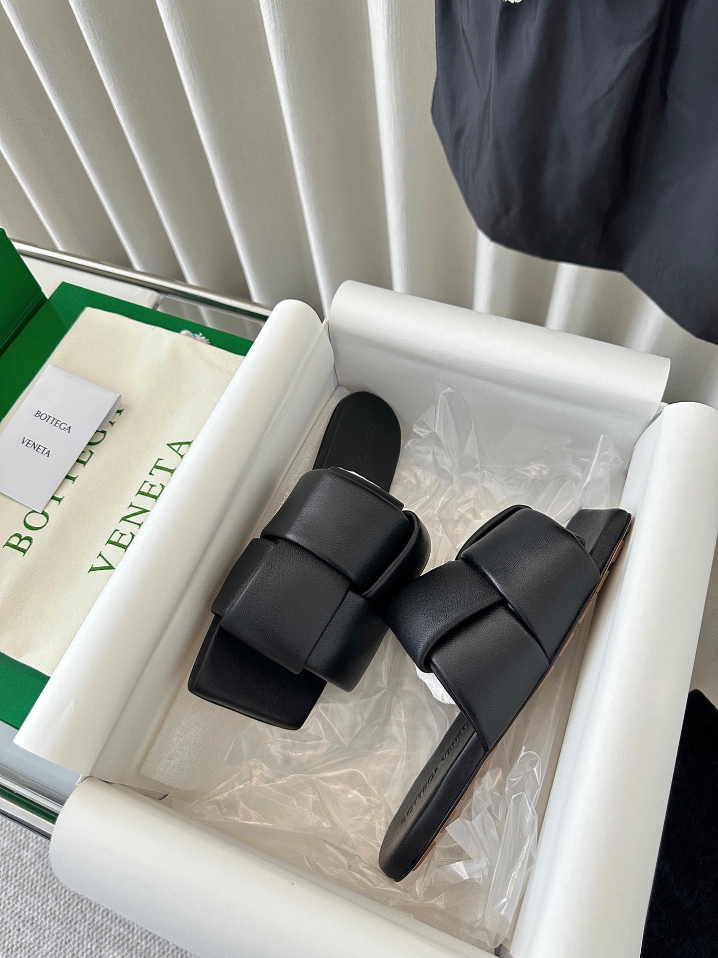 Bottega Veneta patch mule flat black lambskin