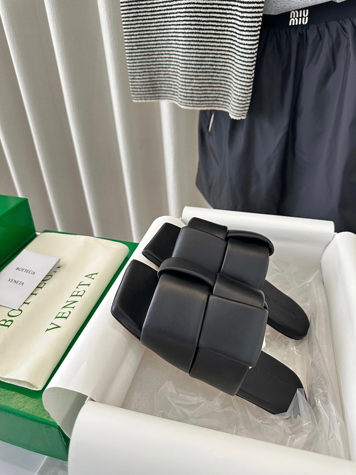 Bottega Veneta patch mule flat black lambskin