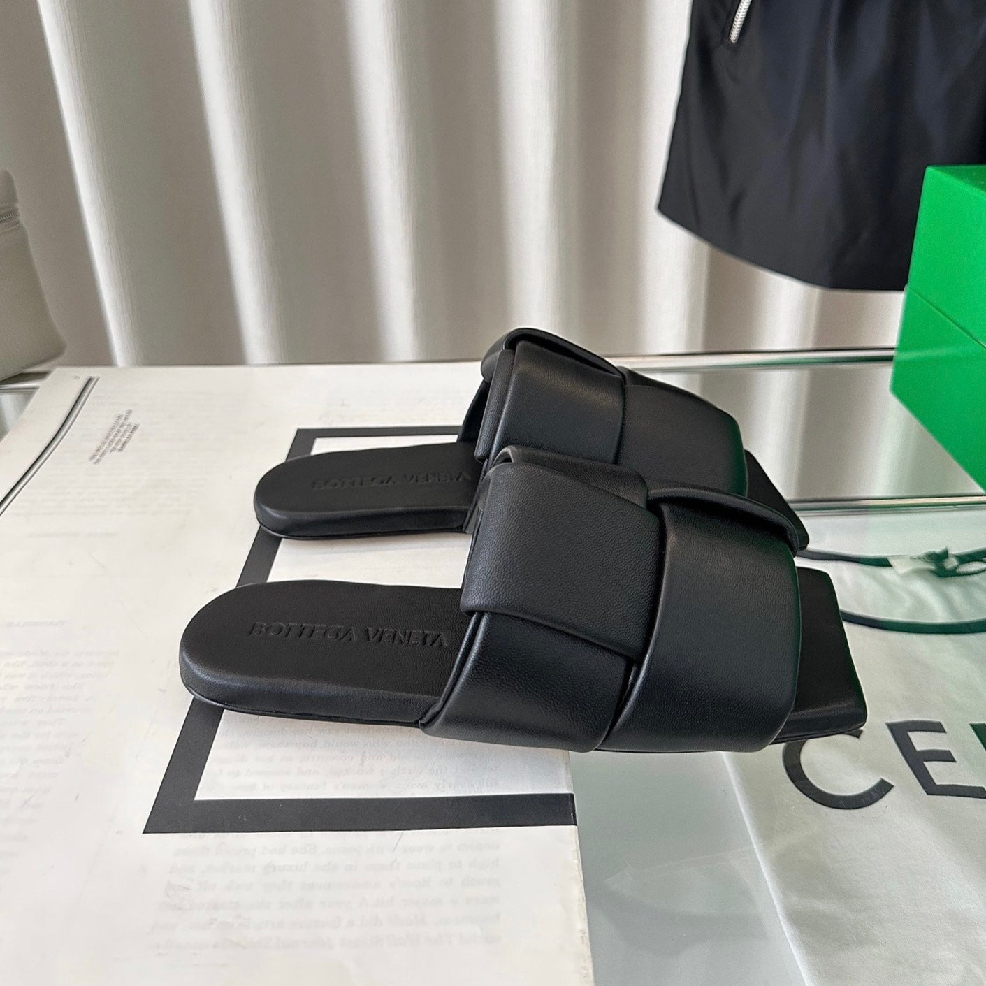 Bottega Veneta patch mule flat black lambskin