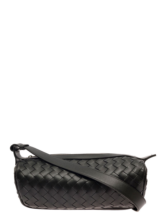Bottega Veneta Men 'Cannolo' Black Crossbody Bag With Intreccio Motif In Leather Man