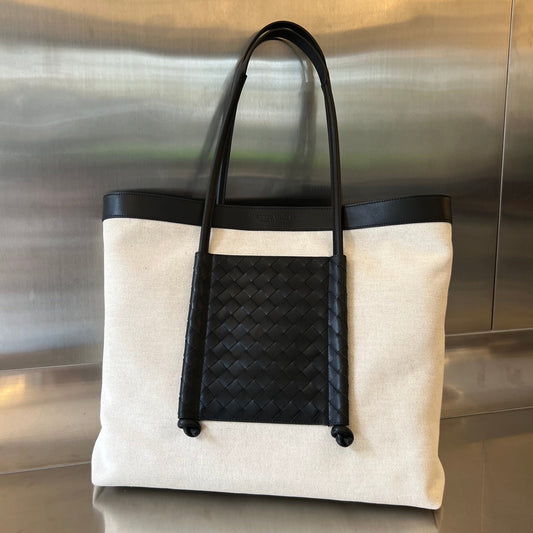 Bottega Veneta PORTELLO TOTE 53 IN BLACK CALFSKIN AND WHITE CANVAS