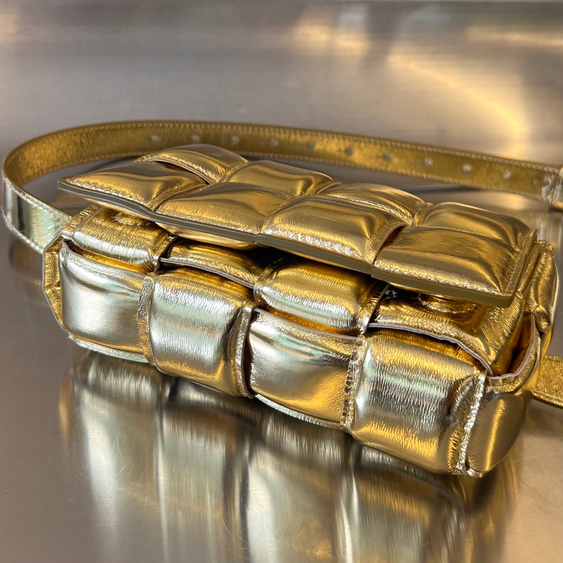 Bottega Veneta MINI CASSETTE 18 IN GOLDEN LAMBSKIN