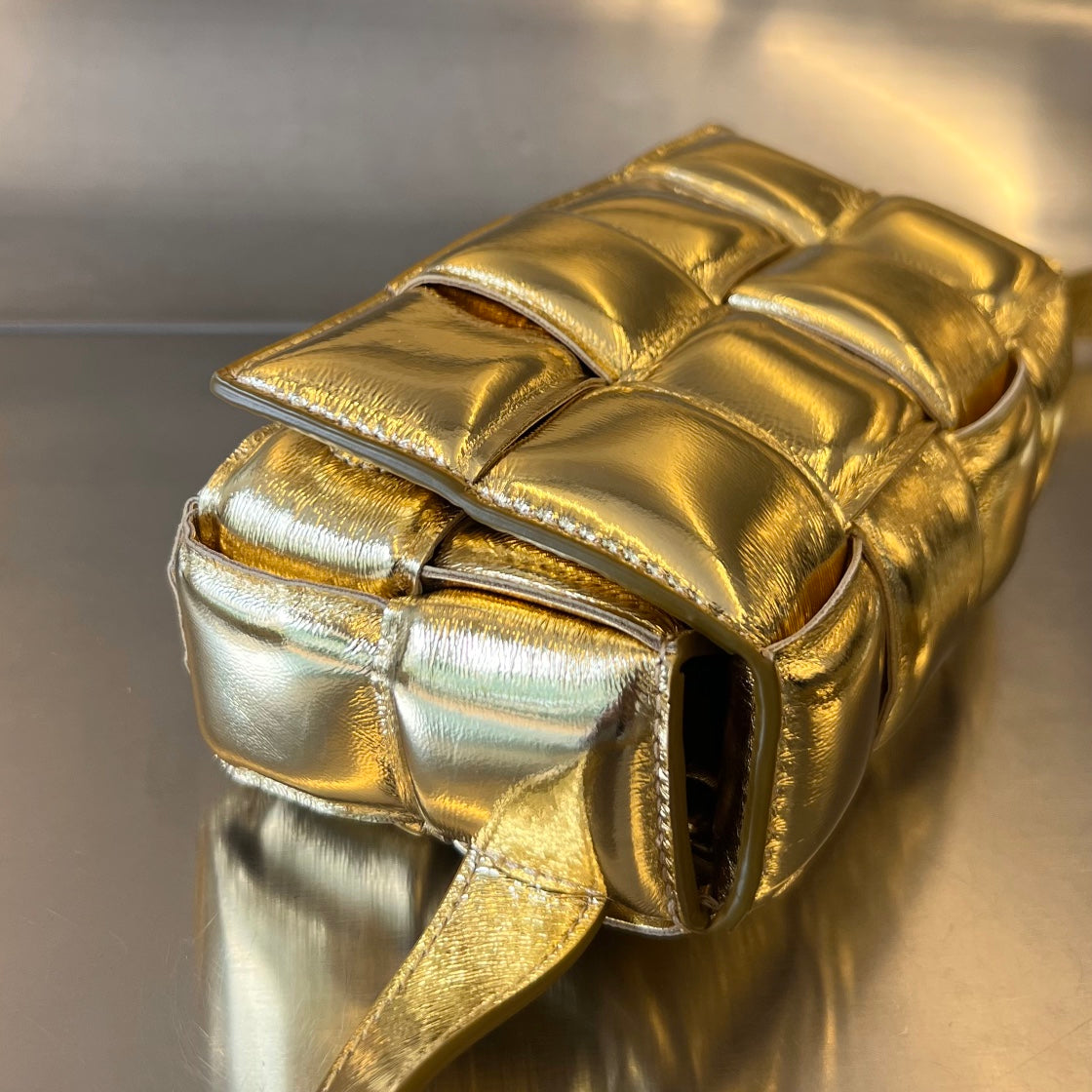 Bottega Veneta MINI CASSETTE 18 IN GOLDEN LAMBSKIN