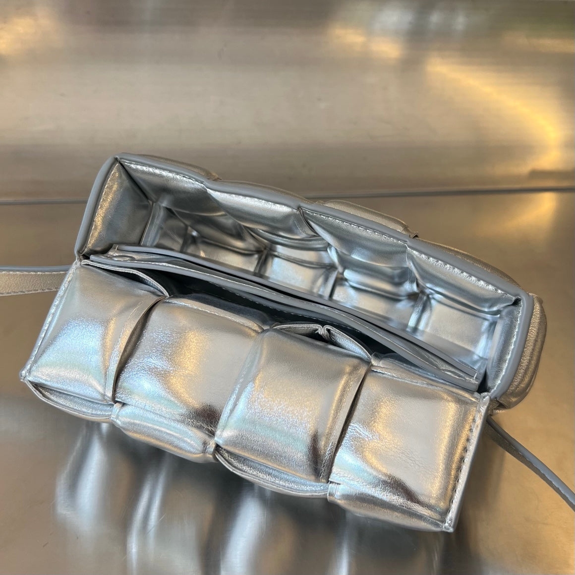 Bottega Veneta MINI CASSETTE 18 IN SILVER LAMBSKIN