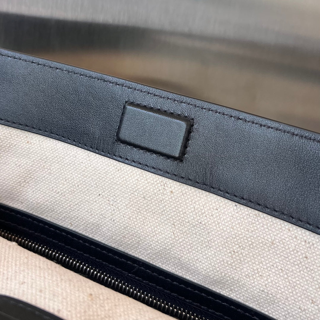 Bottega Veneta PORTELLO 41 TOTE IN BLACK CALFSKIN AND WHITE CANVAS