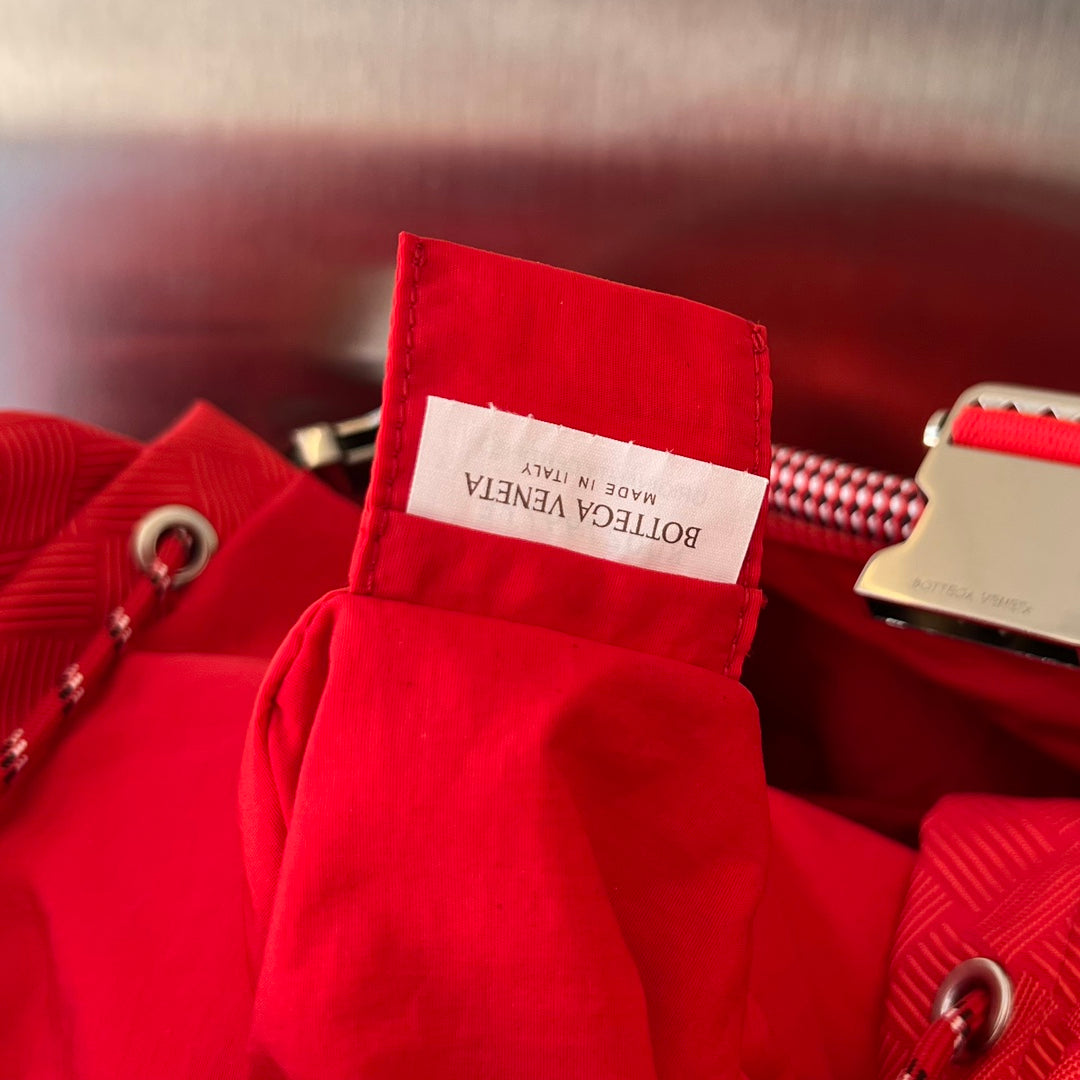 Bottega Veneta ALTO 42 BACKPACK IN CHERRY RED JACQUARD FABRIC