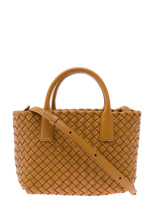 Bottega Veneta Women 'Mini Cabat' Caramel Intreccio Tote Bag With Shoulder Strap Leather Woman Bottega Veneta