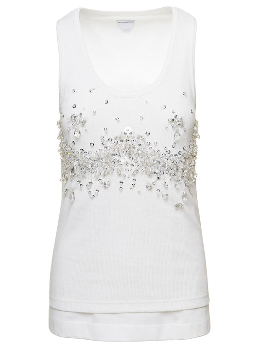 Bottega Veneta Women White Ribbed Tank Top With Embroidered Crystal Embellishment In Jersey Woman