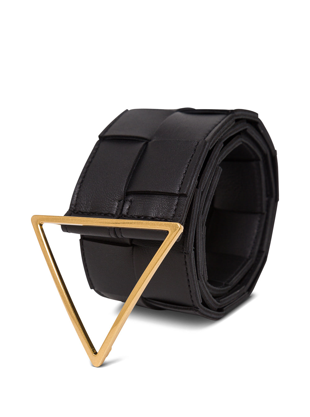 Bottega Veneta Women Black Leather Belt With Tringolar Buckle