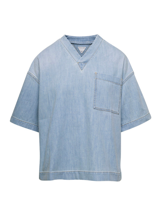 Bottega Veneta Women Light Blue V Neckline T-Shirt In Denim Woman