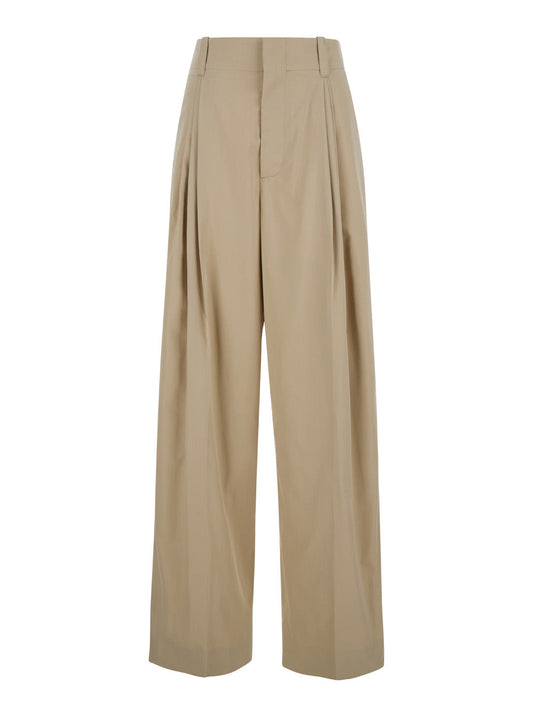Bottega Veneta Women Beige High-Waisted Pants With Pinces In Cotton Woman