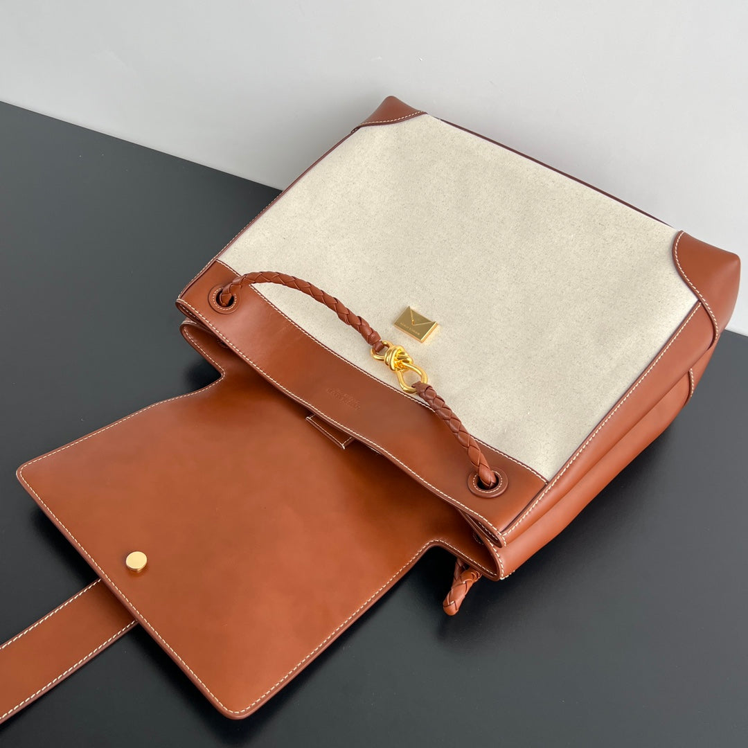 Bottega Veneta LARGE ANDIAMO BACKPACK 48 IN LIGHT WOOF CALFSKIN AND CANVAS