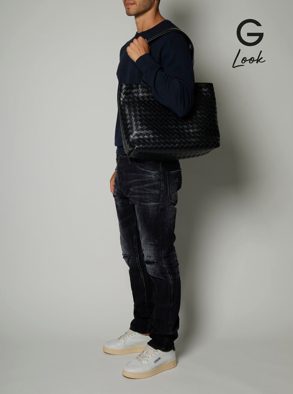 Bottega Veneta Men 'Small Intrecciato' Black Tote Bag With Zip Closure In Leather Man