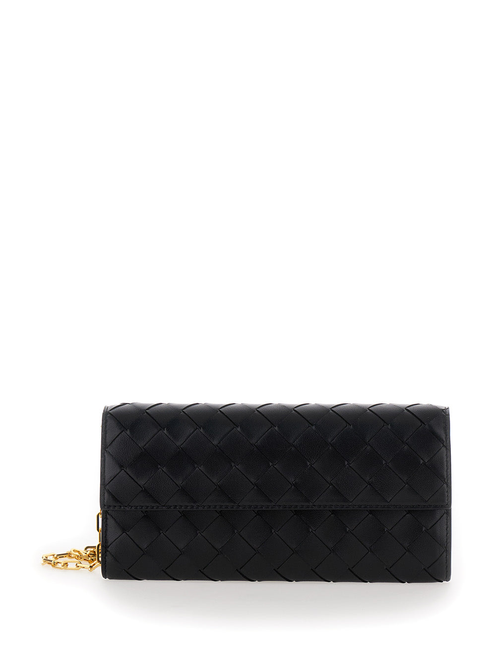 Bottega Veneta Women Black Chain Wallet With Intreccio Motif In Leather Woman