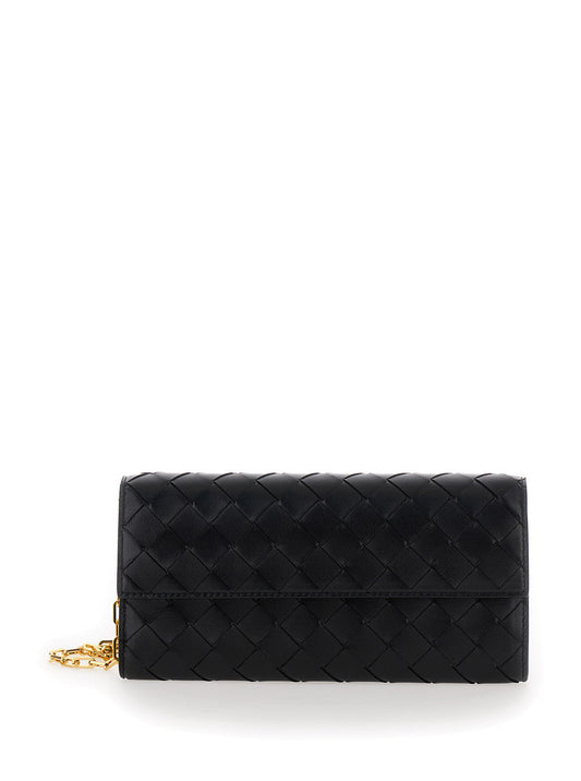 Bottega Veneta Women Black Chain Wallet With Intreccio Motif In Leather Woman