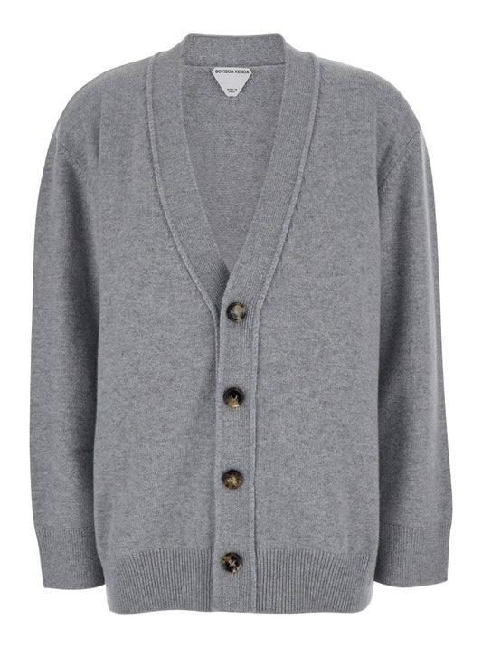 Bottega Veneta Women Grey Cardigan With Intrecciato Patch In Cashmere Woman