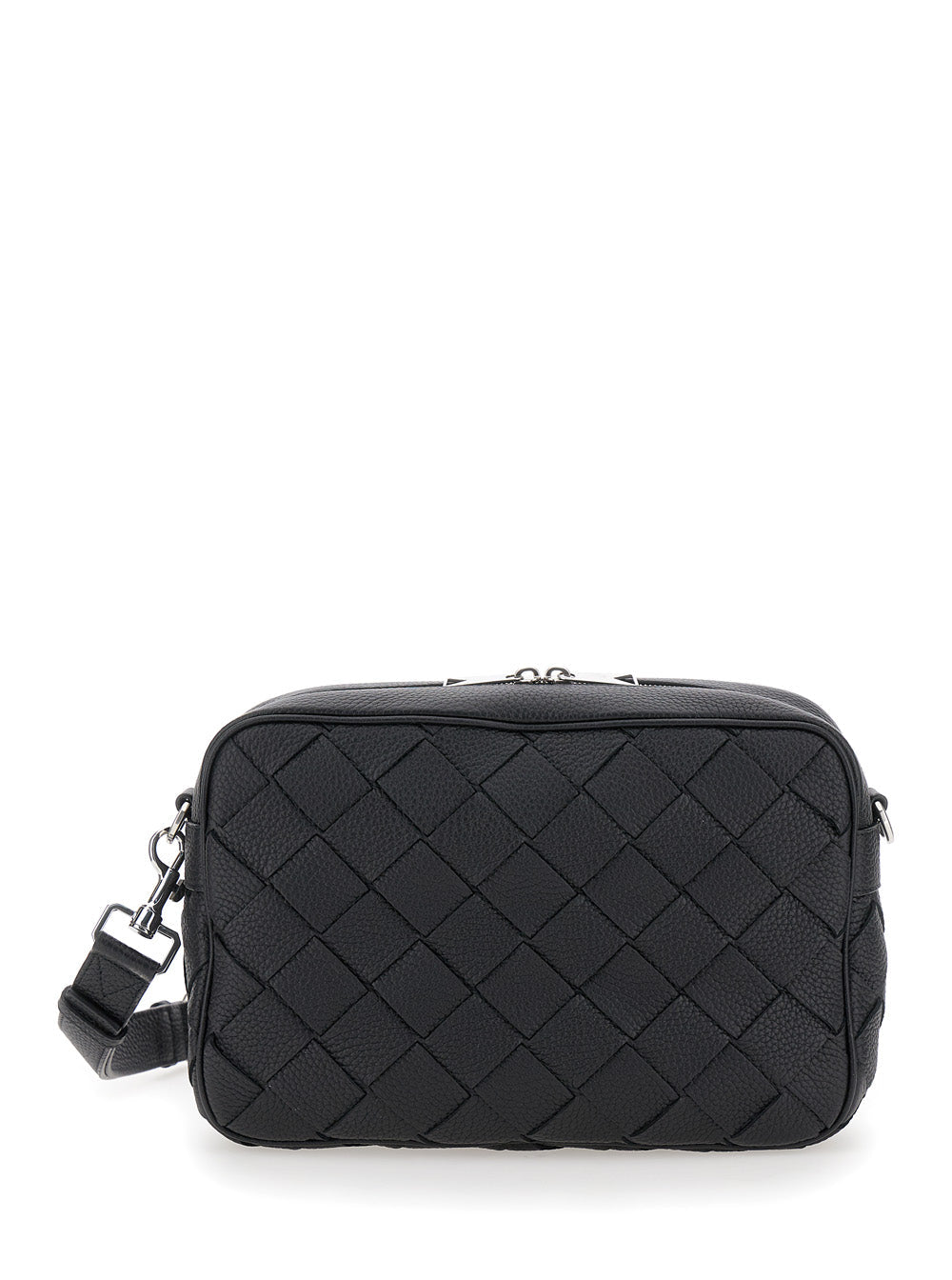 Bottega Veneta Men 'Messenger Medium' Black Crossbody Bag With Intreccio Motif In Hammered Leather Man