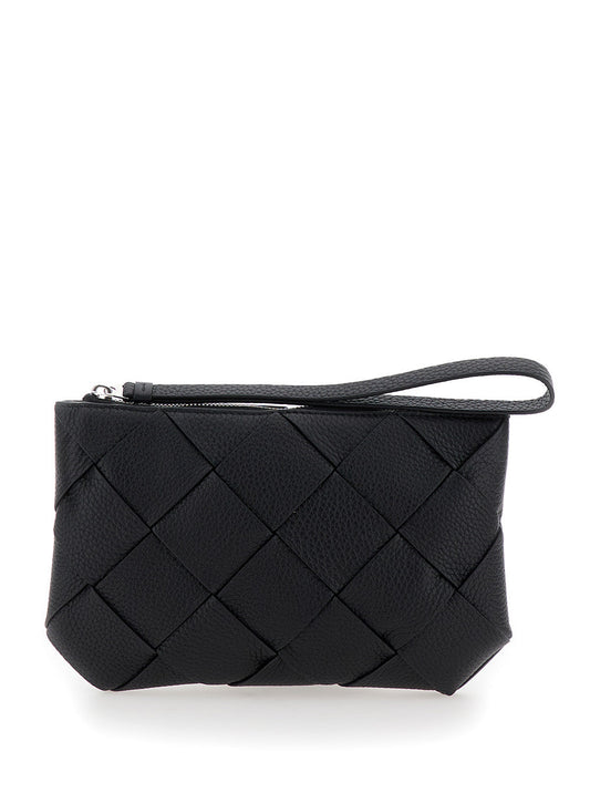 Bottega Veneta Men Black Medium Clutch With Intreccio Motif In Grained Leather Man