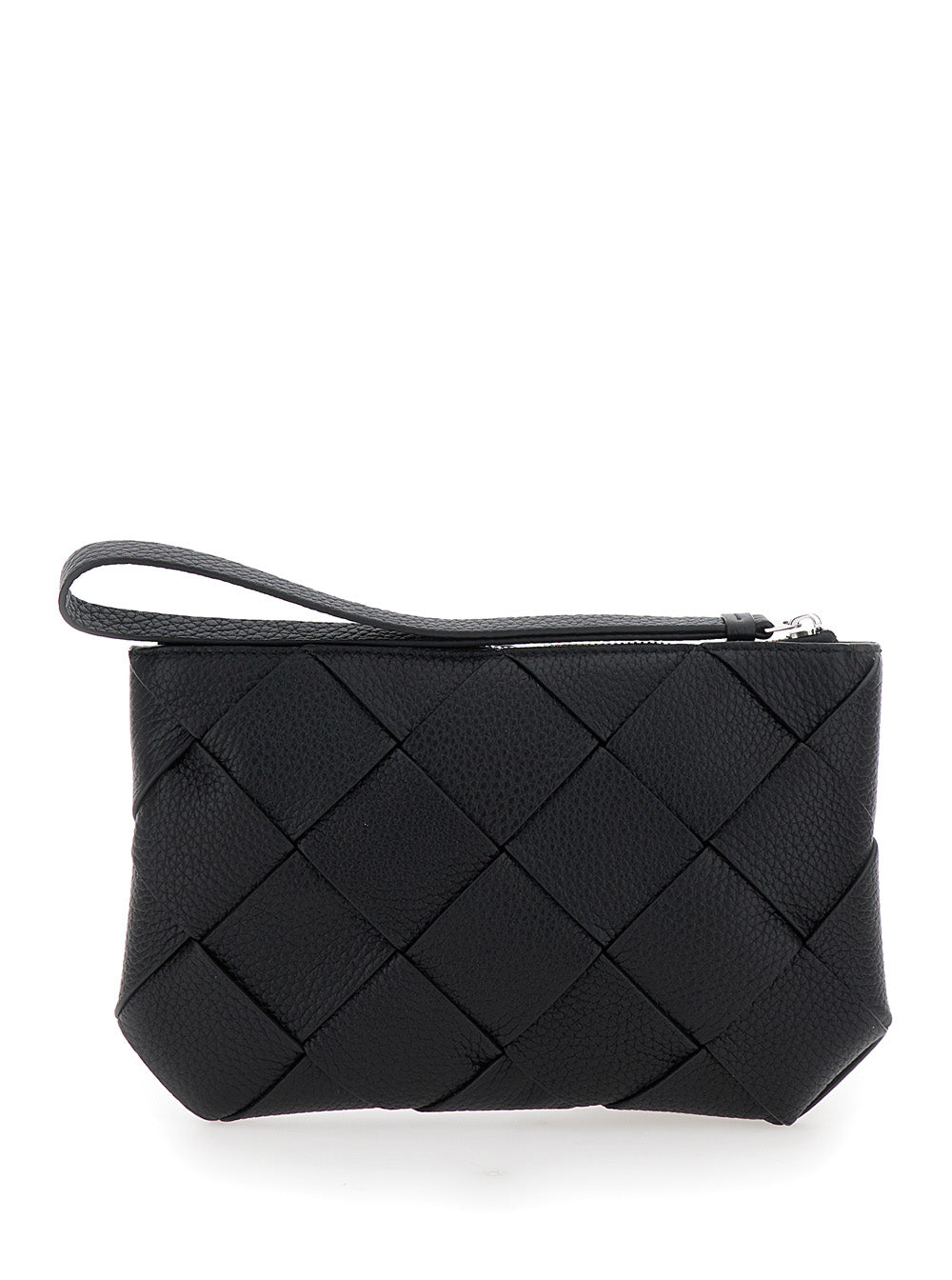 Bottega Veneta Men Black Medium Clutch With Intreccio Motif In Grained Leather Man