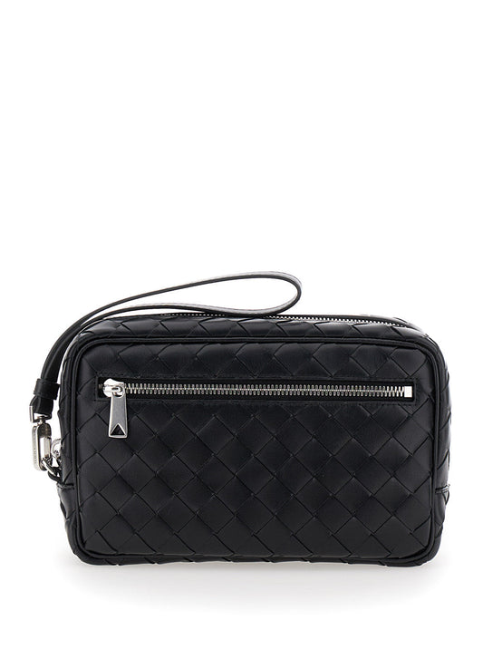 Bottega Veneta Men 'Intrecciato Small' Black Pouch With Strap In Leather Man