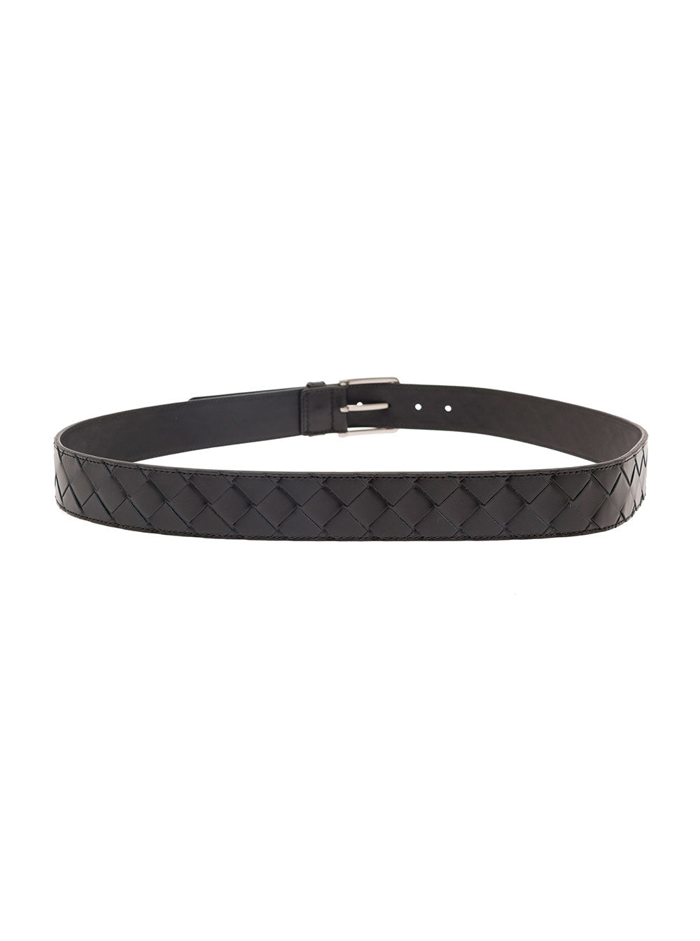 Bottega Veneta Men Black Belt With Silver-Colored Buckle In Intreccio Leather Man