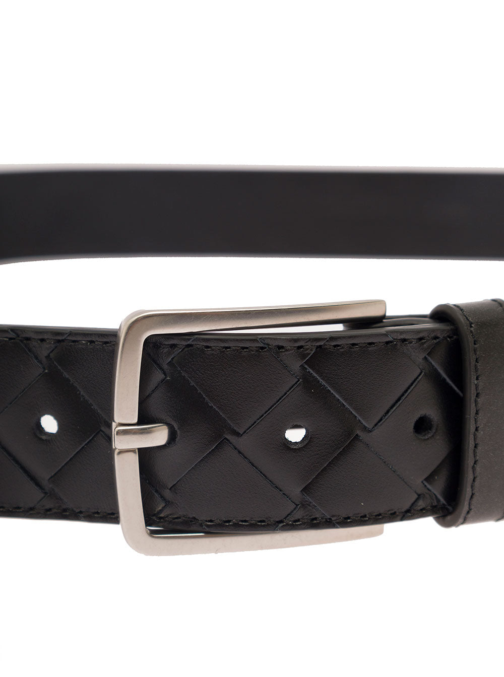 Bottega Veneta Men Black Belt With Silver-Colored Buckle In Intreccio Leather Man