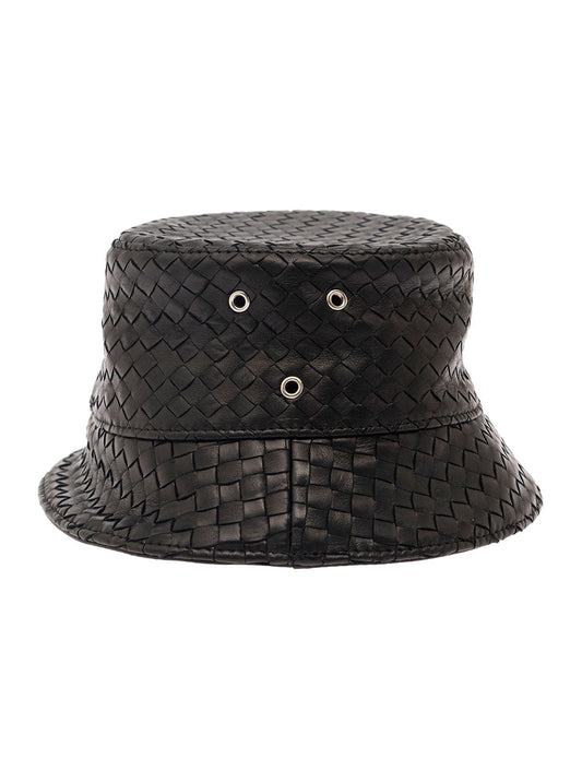 Bottega Veneta Men Black Bucket Hat With Metal Eyelets And Intreccio Motif In Leather Man