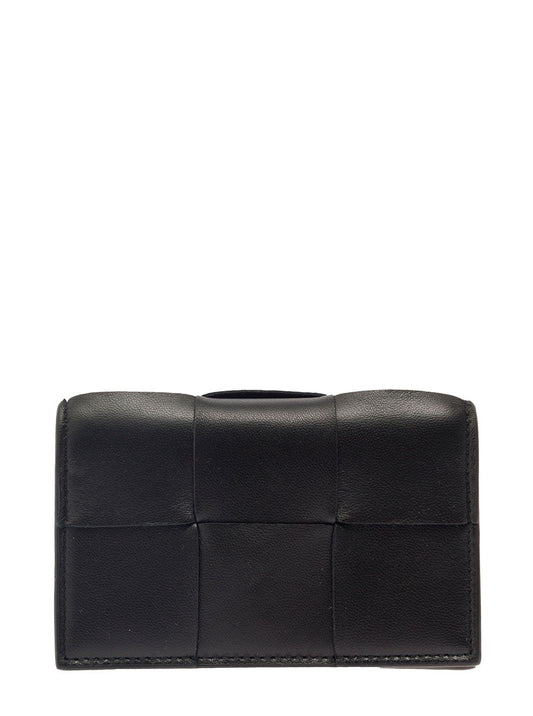 Bottega Veneta Women 'Cassette' Black Business Card Case In Intreccio Leather Woman