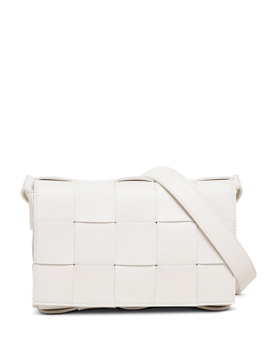 Bottega Veneta Women Cassette White Leather Crossbody Bag In Intreccio Nappa Leather