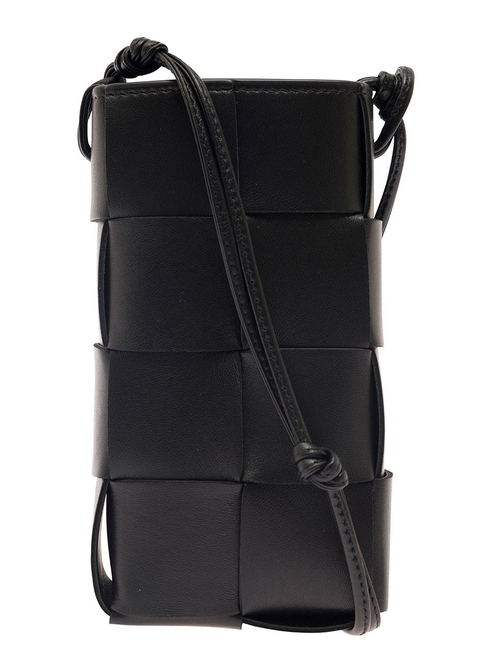 Bottega Veneta Women 'Phone Pouch' Black Shoulder Bag With Knot Details In Intreccio Nappa Leather Woman
