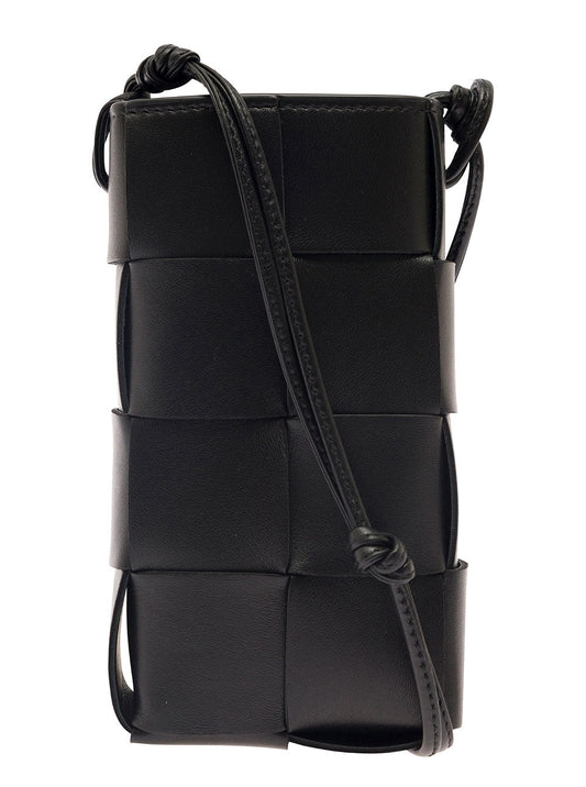 Bottega Veneta Women 'Phone Pouch' Black Shoulder Bag With Knot Details In Intreccio Nappa Leather Woman