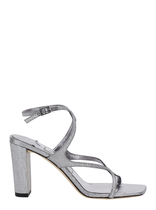 Jimmy Choo Women 'Azie' Metallic Sandals With High Stacked Heel And Criss-Cross Strap In Tech Fabric Woman