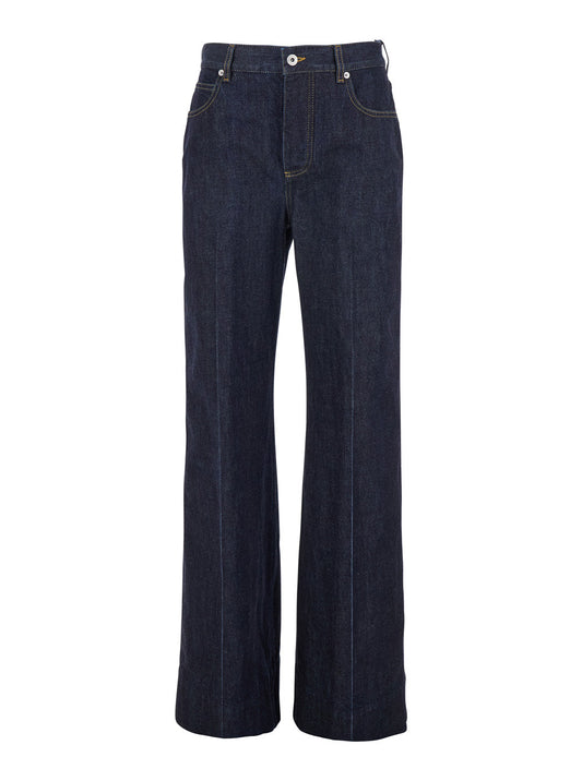 Bottega Veneta Women 'Indigo' Blue Palazzo Jeans With Logo Patch On The Back In Cotton Woman