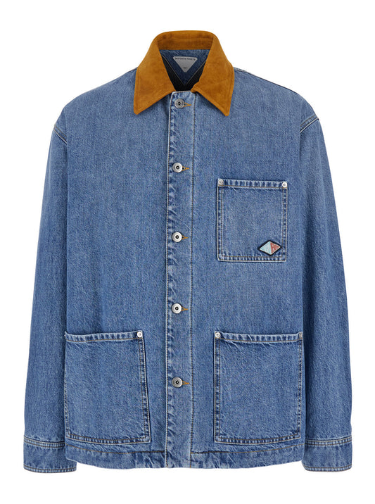 Bottega Veneta Men Blue Jacket With Suede Collar And Logo Patch In Denim Man