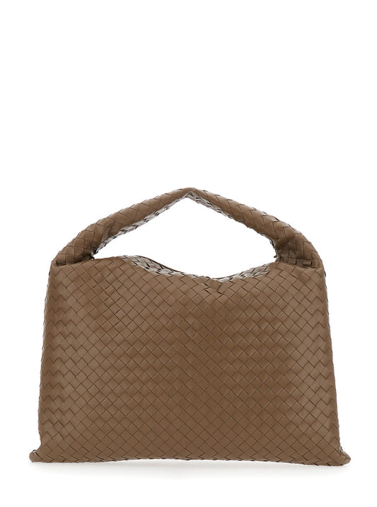Bottega Veneta Women 'Hop Large' Brown Shoulder Bag With All-Over Intreccio Motif In Leather Woman