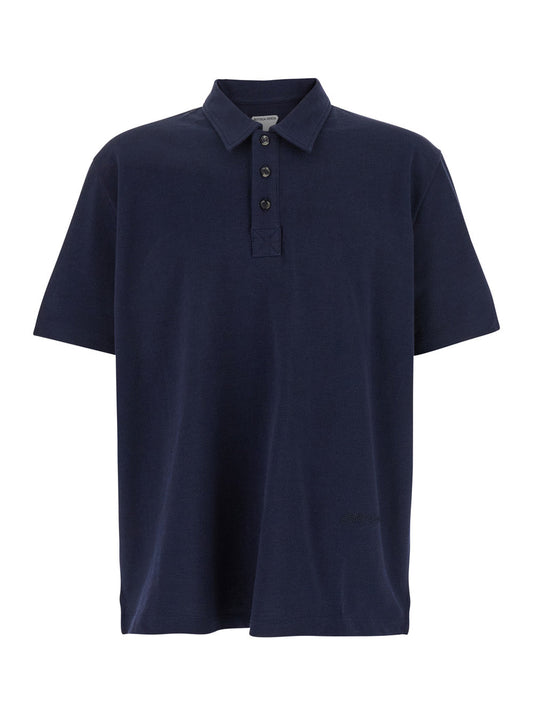 Bottega Veneta Men Blue Polo With Classic Collar And Embroidered Logo On The Front In Tone On Tone Cotton Man