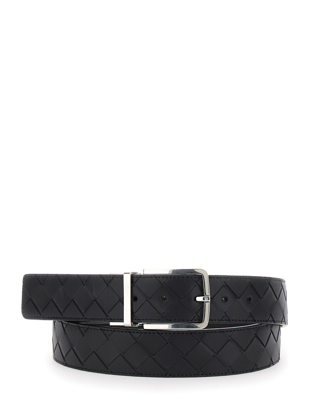 Bottega Veneta Men Black Reversible Belt With Intreccio Motif In Leather Man