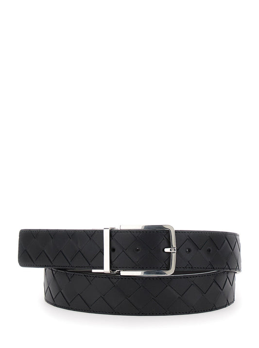 Bottega Veneta Men Black Reversible Belt With Intreccio Motif In Leather Man
