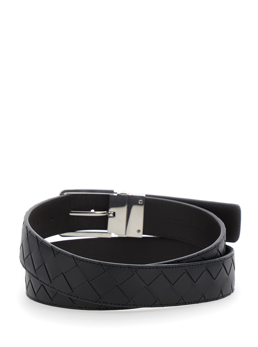 Bottega Veneta Men Black Reversible Belt With Intreccio Motif In Leather Man