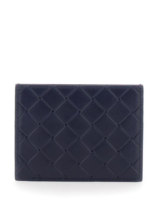 Bottega Veneta Men Blue Card Holder With Intreccio Motif And Embossed Logo In Leather Man