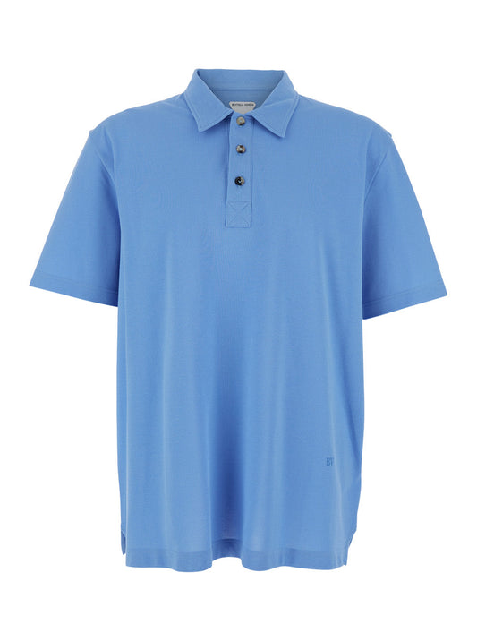 Bottega Veneta Men Blue Polo Shirt With Classic Collar And Logo Embroidery Detail On The Front In Cotton Man