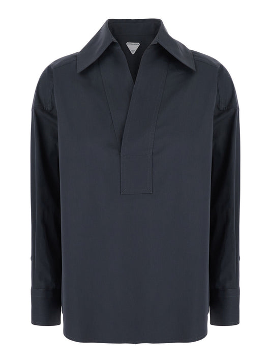Bottega Veneta Women Grey Shirt With Deep Neckline On The Front And Long Sleeves In Cotton Poplin Woman