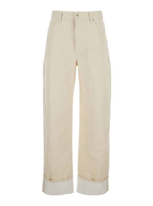Bottega Veneta Women White Jeans With Cuffs On The Edges And Removable Patch With Hare On The Back In Denim Woman