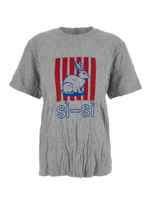 Bottega Veneta Women Grey Crewneck T-Shirt With Maxi Print On The Front And Wrinkled Ffect In Cotton Woman