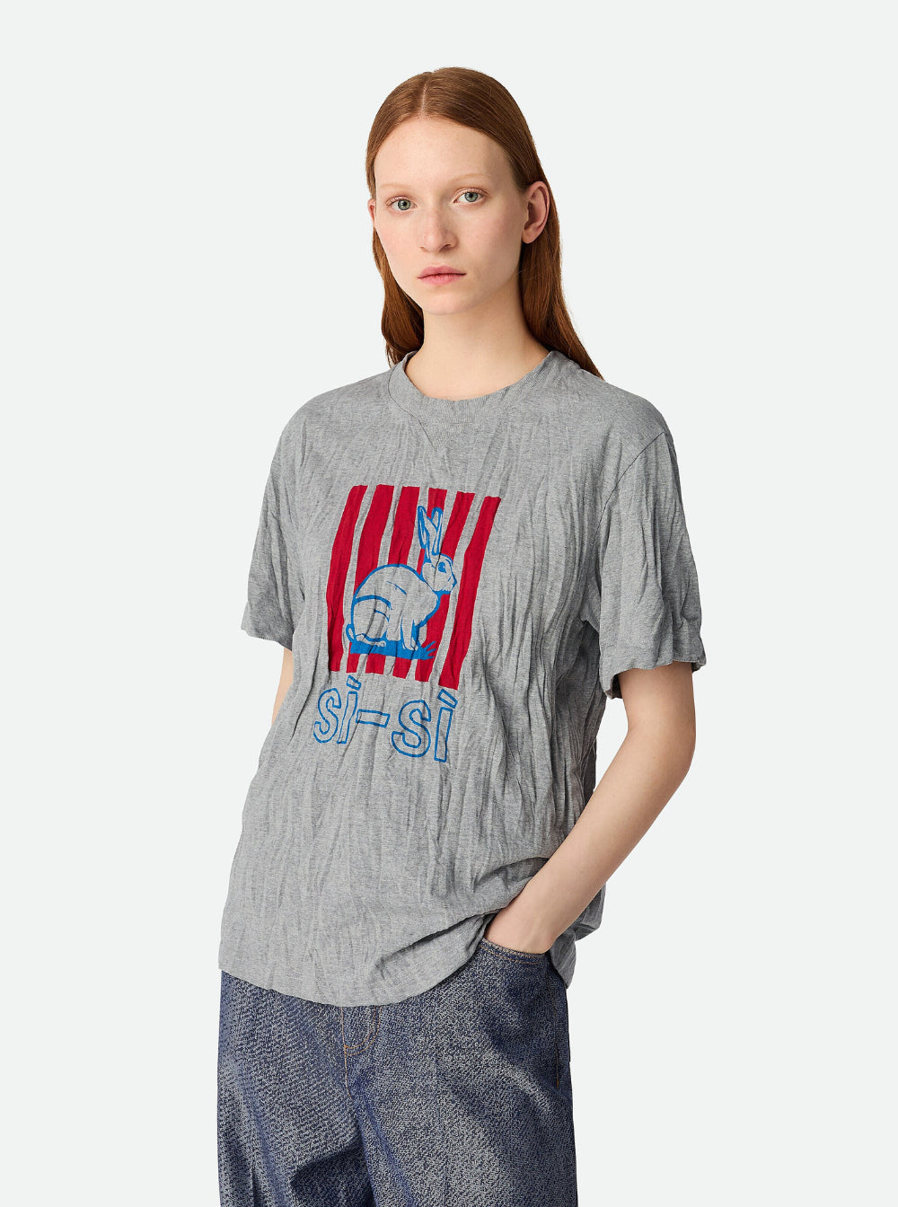Bottega Veneta Women Grey Crewneck T-Shirt With Maxi Print On The Front And Wrinkled Ffect In Cotton Woman